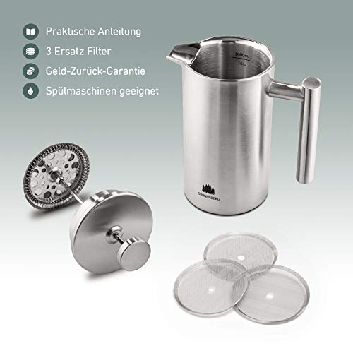 Groenenberg French Press aus Edelstahl | 1 Liter (5 Tassen) | Erhältlich in 3 Größen | Thermo Kaffeebereiter… – Bild 8