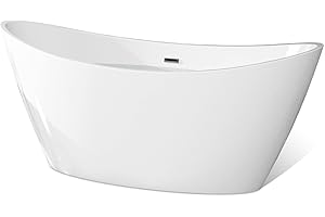 Empava 59" Freestanding Bathtub, Luxury Acrylic Soaking Tub with Custom Contemporary Design, Includes Brushed Nickel Drain and Overflow, Easy Installation, cUPC Certified, White