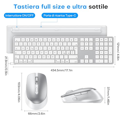 OMOTON Wireless Bluetooth Keyboard and Mouse Kit for Mac, Rechargeable Keyboard and Mouse with 3 Bluetooth Channels for Mac Pro/Mini, MacBook Pro/Air, iMac, iMac Pro, Italian QWERTY Layout, Silver