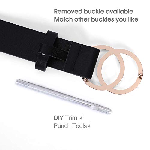 WERFORU Ledergürtel für Damen mit Goldene Schnalle Mode Doppel Rund Schnalle Gürtel Vintage Llässiger Hüftgürtel Taillengürtel für Jeans Hosen Kleider schwarz