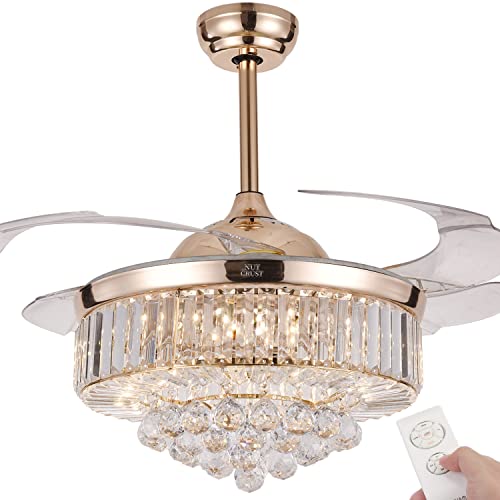 NUTCRUST Retractable Crystal Ceiling Fan, 3 Light Change LED Silent Fan