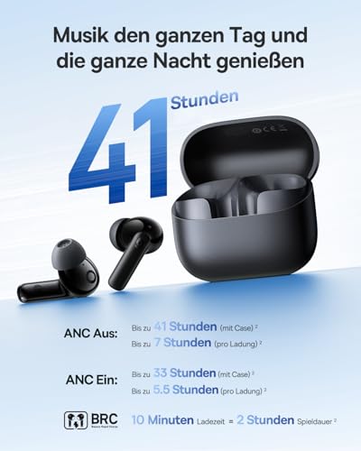 EP10 NC In Ear Kopfhörer Bluetooth Noise Cancelling, Bluetooth Kopfhörer mit -43 dB ANC, Adaptive Geräuschunterdrückung, Earbuds mit 4-Mic KI Klarer Anruf, IP55, 41H Spielzeit, Bluetooth 6.0