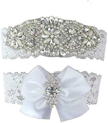 KirmooVintage Bridal Garter Set Lace Wedding Garters For Bride White Bow Rhinestones