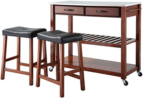 Crosley Furniture Portable Kitchen Cart with Stainless Steel Top and 24-inch Upholstered Saddle Stools - Classic Cherry