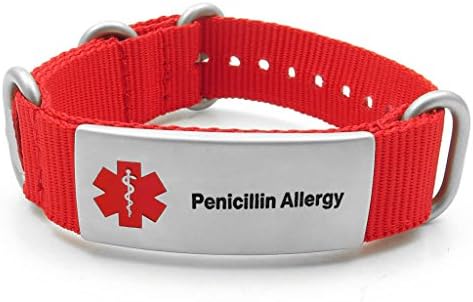 IDtagged Penicillin Allergy Red Adjustable Nylon Medical Alert ID Bracelet w/ Matte Stainless Steel Tag