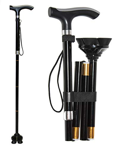 RMS Folding Cane with Quad Base - Foldable and Collapsible Quad Cane - Lightweight Aluminum Offset Cane - Adjustable Walking Stick with Wrist Strap and Ergonomic Derby Handle (Black)