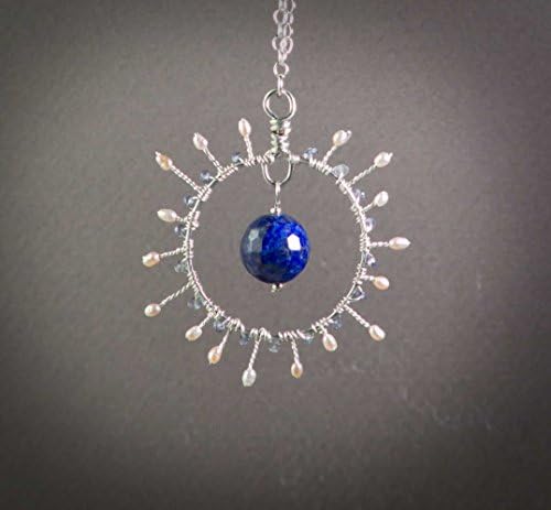 Silver Wire Wrapped Starburst Pendant Necklace with Lapis Lazuli Iolite Pearl Handmade