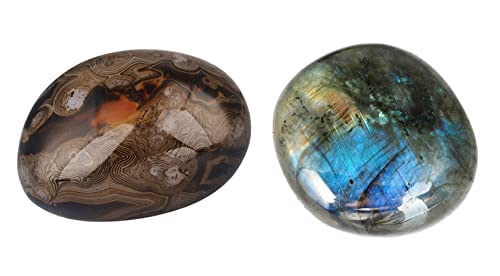 Rockcloud 2 Pcs Irregular Polished Worry Stones, Banded Agate and Labradorite Palm Crystal Stones Ornament for Home Office Decor
