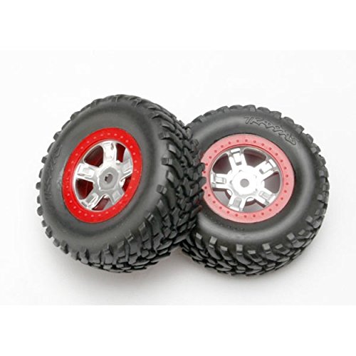 Traxxas 7073A 1/16th Scale SCT Off-Road Racing Tires Pre-Glued on Red Beadlock-Style, Satin Chrome Wheels (pair)