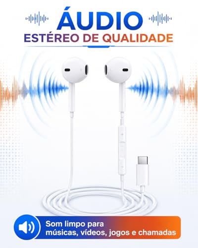 Fone de Ouvido com Microfone e Controle de Volume; Compativel com Android; IOS; Redução de Ruído; Ligações; USB TIPO-C — Branco