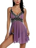 Avidlove Women V Neck Babydoll Strap Lingerie Lace Chemise Teddy Outfits Purple (FBA) XXL