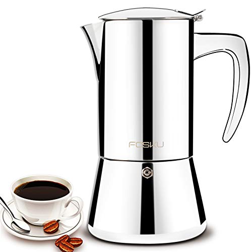 FOSKU Espressokocher für Herd, Edelstahl, Mokkakanne, italienischer Stil, Espressokanne für 6 Tassen, 300 ml (Silber)