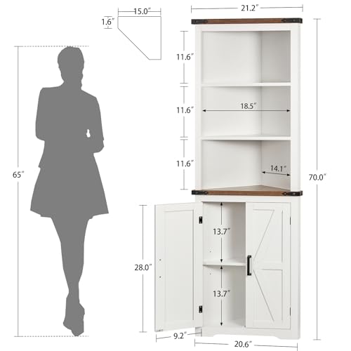 TEENFON Farmhouse Corner Cabinet, 70" H Tall Corner Hutch with 5 Shelves & 2 Barn Doors, Bathroom Cabinet with Adjustable Shelf, for Living Room, Kitchen, Bathroom, White