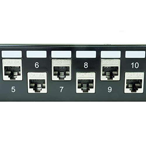 LINKOMM RJ45 1U 19 Inch 24-Port Shielded Cat6A Blank Staggered Keystone Jack Patch Panel with Rear Cable Management, Black