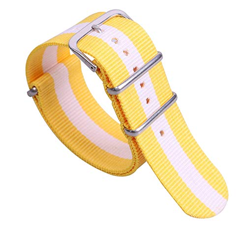 BGRFEB Colorful Classic Fashion Men's One-Piece NATO Style Nylon Watch Bands Straps for Men Women (Color : Yellow/White/Yellow, Size : 24mm)