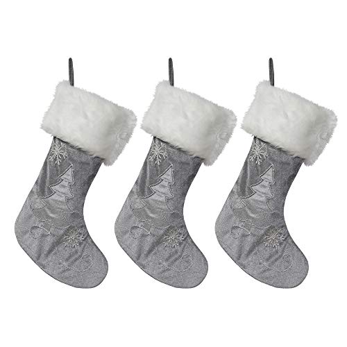 Silver Velvet Christmas Stockings - 3-Pack of 20 inch Velvet Holiday Stockings with Festive Christmas Tree Applique and Beaded Snowflake Embroidery - Thumbnail 5