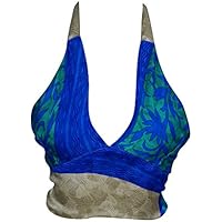 Hazel Womens Halter Top Blouse Sexy Flirty Plunge Upcycled Silk Printed Crop Tops One Size
