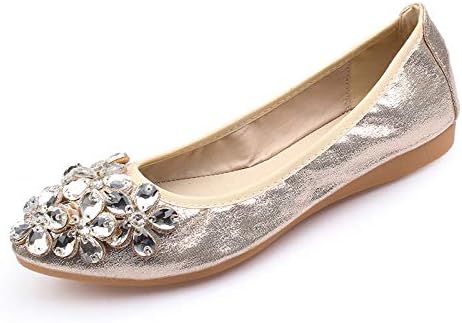 Fnnetiana Women Foldable Comfort Ballet Flats Classic Rhinestone Soft Sole Slip on Dress Flat Shoes