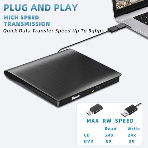 Ziweo External CD DVD Drive, Portable USB 3.0 Type-C CD Burner CD +/-RW Drive DVD Player for ROM Rewriter Burner Compatible with Laptop Desktop PC Windows MacBook Linux Mac OS