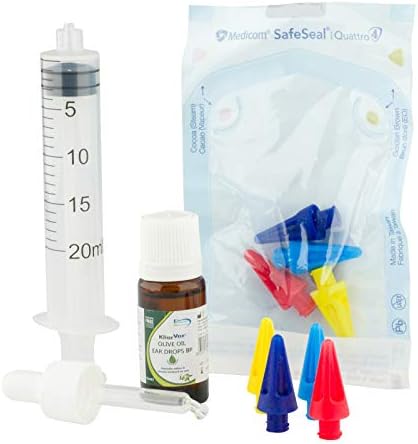 Ear Wax Removal Syringe Kit with 4 x Soft Quad Stream Ear Irrigation Tips in Aseptic, Sterile Packaging - Clean Ears Gently (20ml + Olive Oil)