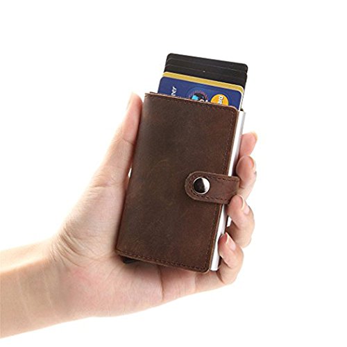 HONB RFID Credit Card Holder Wallet, Slim Leather Wallet, Small Card Case, Smart Money Clip, Mini Wallet (Brown Genuine Leather)