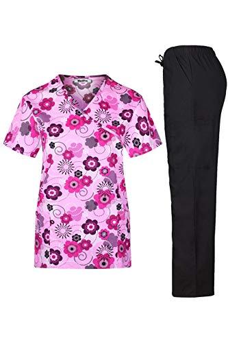 MedPro Women's Printed Medical Scrub Set Mock Wrap Top and Pants Hot Pink S