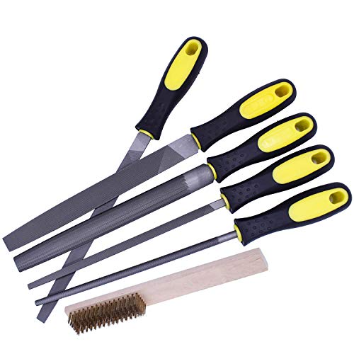 Fatmingo 8 inch High Carbon Steel Metal File Set Rubber Handles Flat Round Half Round Square Triangular Rasp Files for Metal, Woodwork, a Storage Pouch and a Cleaning Brush