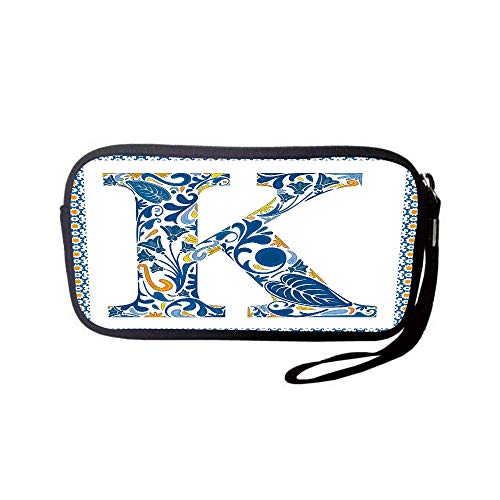 iPrint Neoprene Wristlet Wallet Bag,Coin Pouch,Letter K,Abstract Artistic Leaves and Blooms and Capital Initial K Ornate Alphabet,Blue Yellow Orange,for Women and Kids