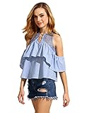 SheIn Women's Striped Ruffle Cold Shoulder Hollow out Back Blouse