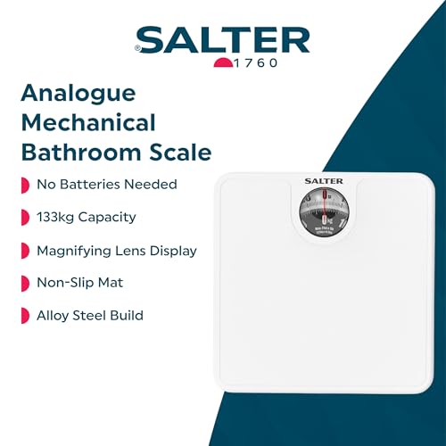 Salter Mechanical Bathroom Scale – Analogue Body Weighing Scale, Classic Fitness Scale, 133kg Capacity, Easy Read Display with Magnifying Lens, Non-Slip Mat, No Batteries Required, White
