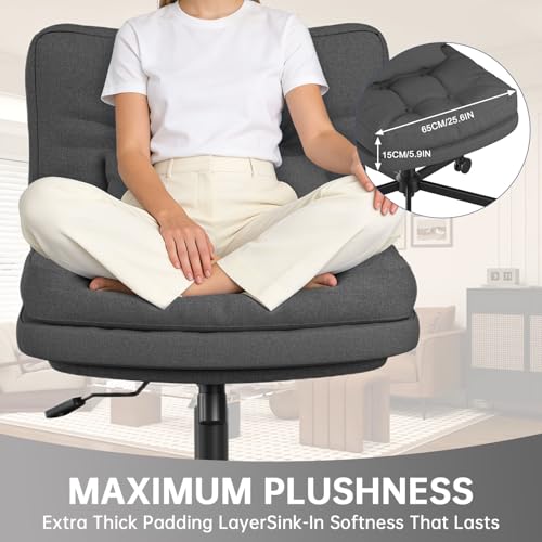 Submi Criss Cross Chair, Wide Desk Chair with Adjustable Height, Fabric Vanity Chair for Home, Swivel Criss Cross Chair for Work, Comfy cross legged office chair, Task Chair, Study, Gift, Black