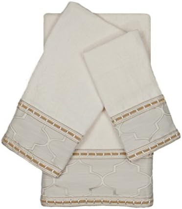 Austin Horn En Vogue Stanton Ribbon 3 Piece Decorative Embellished Towel Set, Ecru