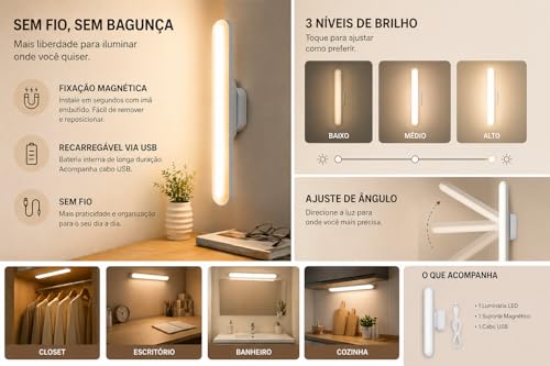 Luminária de LED Magnética Barra Spot Lâmpada Recarregável Sem Fio USB - Ilumina Qualquer ambiente Quarto Cozinha Sala Banheiro - Ajustável em 3 cores Branco quente, Neutro e Frio