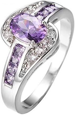 Fortonatori Purple Amethyst Oval Ring Engagement Promise Vintage Cubic Zirconia White Gold Filled Plated