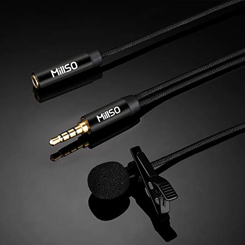 MillSO W12 Lavalier Lapel Microphone with Headphone jack Omnidirectional Smartphone Lav Mic for Recording, Interview, Podcast, Youtube, Video Conference, Cell phone, laptop, Tablet, Camera - 4ft