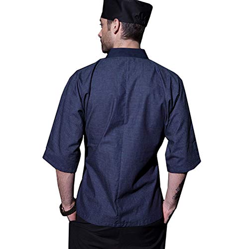 Men's Japanese Blue Stripe Chef-Coat 3/4 Sleeve Kimono Restaurant Chef Jacket