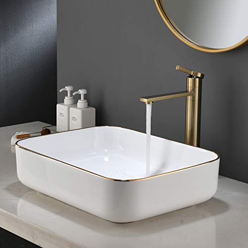 Ufaucet Modern White Rectangular Above Counter Countertop Porcelain Ceramic Bathroom Vessel Vanity Sink with Golden Rim
