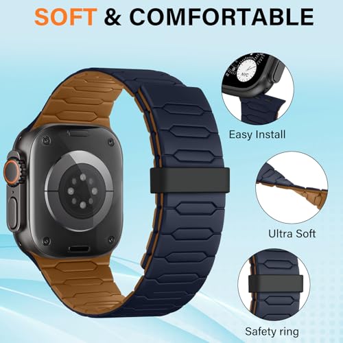 Sixmoat Compatible con Apple Watch Correa 49mm 46mm 45mm 44mm 42mm para Hombre Mujere, Correa Magnética Deportiva de Silicona para iWatch Ultra SE Serie 11 10 9 8 7 6 5 4 3 2 1, (Indigo-Marrón)