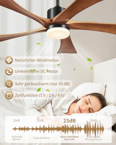 Forrovenco Wooden Ceiling Fan with Light 132 cm / 52 Inches, Ceiling Fan with Lighting and Remote Control, Outdoor Ceiling Fans for Patio, 5 Blades, 6 Levels, Quiet DC Motor, Walnut