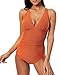 HAIVIDO Women's Shirred Bathing Suits Multi Strap Cross Back One Piece Swimsuits Deep V Neck Swimwear Monokini Rust L