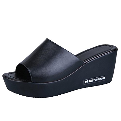 SUKEQ Womenâ€™s Platform Wedge Sandals Slide On Comfort Thick Bottom Sandal Peep Toe Wide Band Slip On Slipper Mule Shoes (7.5 B(M) US, Black)