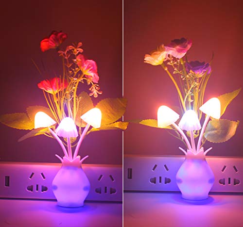 Warmstor 2 PCS Jasmine Flower Plug In 7-Color Changing Dusk to Dawn LED Mushroom Night Light Wall Light (Pink & Purple) - Thumbnail 6