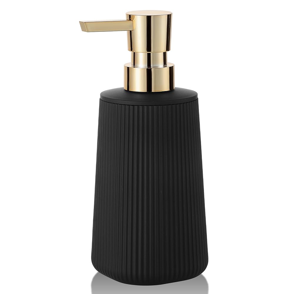 Photo 1 of Small Soap Dispenser for Bathroom and Kitchen, Modern Farmhouse Striped Style Plastic Hand Soap Dish Soap Dispenser with Pump Matte Black and Gold