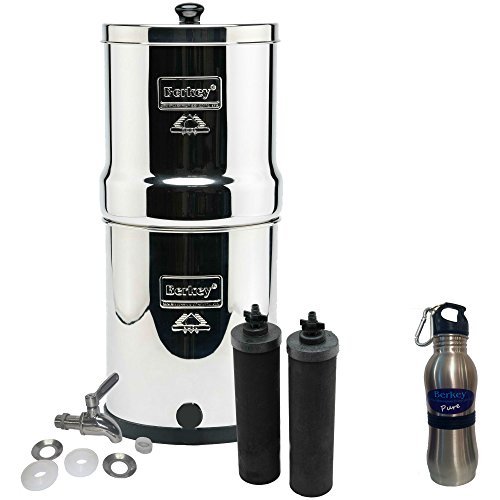 Big Berkey Water Filter Stainless Steel Bundle: 2 Black Filters, Stainless Steel Spigot, 1 Stainless Steel Water Bottle (2 Gallon Big Berkey)
