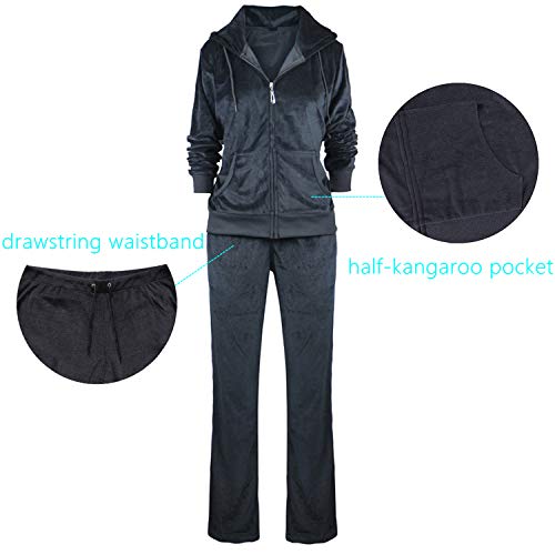 Tanbridge Women Velour Tracksuit Set 2 Piece Outfit Hoodie & Sweatpants Jogger Sets Black S - Thumbnail 3