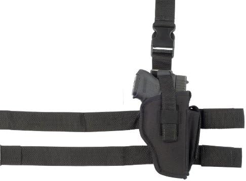 Soft Armor Tactical Nylon Thigh Gun Holster with Molded Thumb Break and Attached Mag Pouch (Left Hand), Black, Size 2