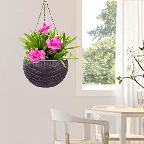 Vencer 11 Inch Round Resin Rattan Hanging Planters,Self Watering