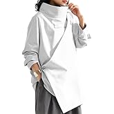 Women's Mock Turtleneck Oversized Tops Long Sleeve High Neck Loose Asymmetrical Slit Blouses Shirts Minimalist