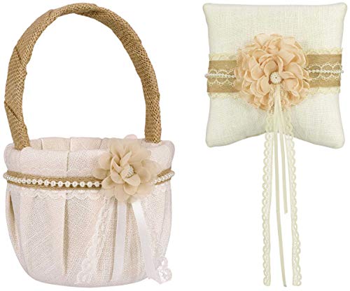 Stephanie Imports Rustic Ring Pillow with Matching Flower Basket Wrapped in Lace Fabric & Burlap with Pearls