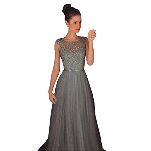 Shybuy Formal Dress,Womens Chiffon Wedding Bridesmaid Long Evening Party Ball Prom Gown Dress with Beads Appliques (Gray, XL)